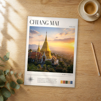 Unframed Chiang Mai modern photography travel poster on a wooden table