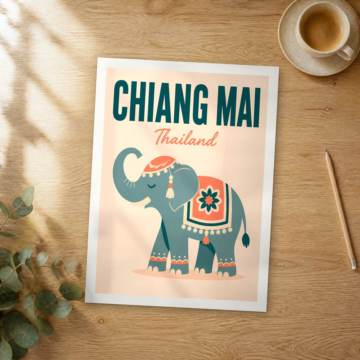 Unframed Chiang Mai pop art travel poster on a wooden table