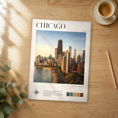 Unframed Chicago modern photography travel poster on a wooden table