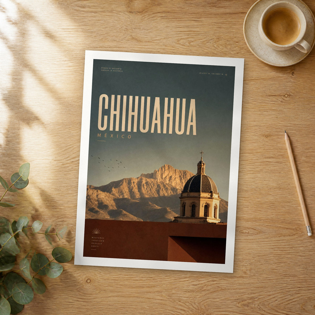 Unframed Chihuahua bold typography travel poster on a wooden table