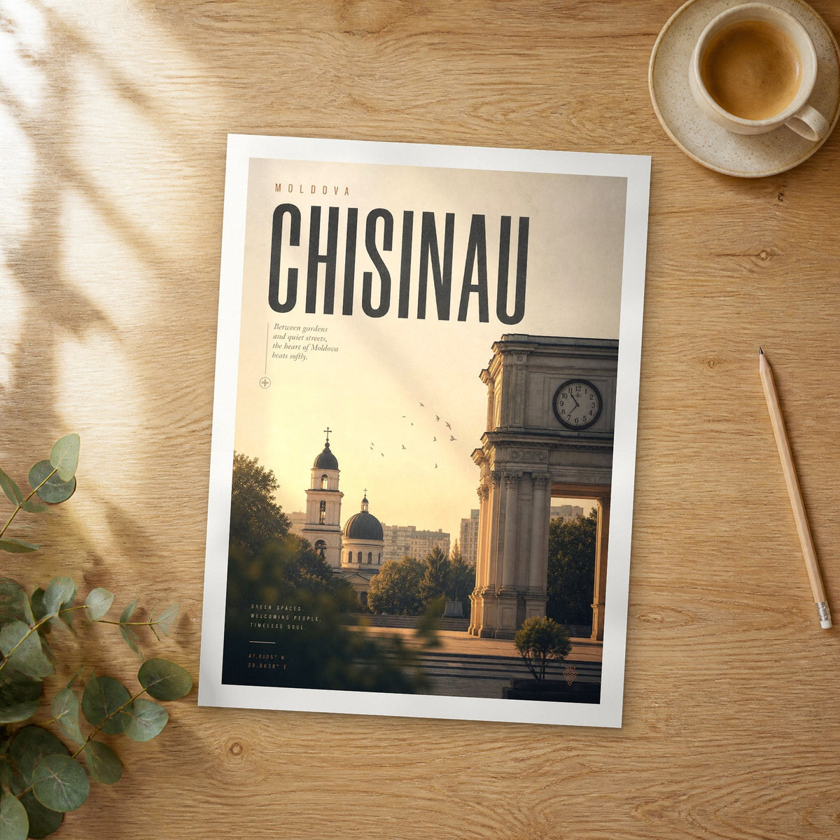 Unframed Chisinau bold typography travel poster on a wooden table