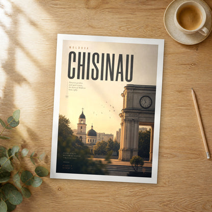 Unframed Chisinau bold typography travel poster on a wooden table