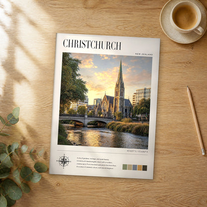Unframed Christchurch modern photography travel poster on a wooden table