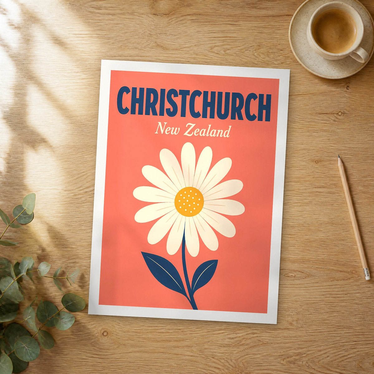Unframed Christchurch pop art travel poster on a wooden table