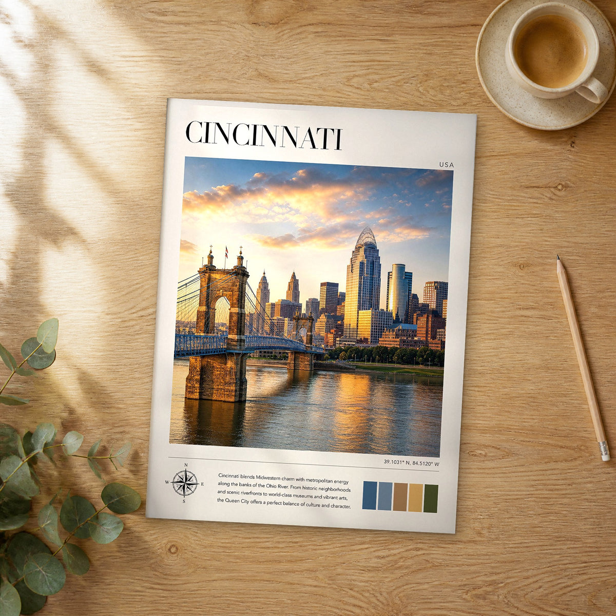 Unframed Cincinnati modern photography travel poster on a wooden table