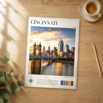 Unframed Cincinnati modern photography travel poster on a wooden table