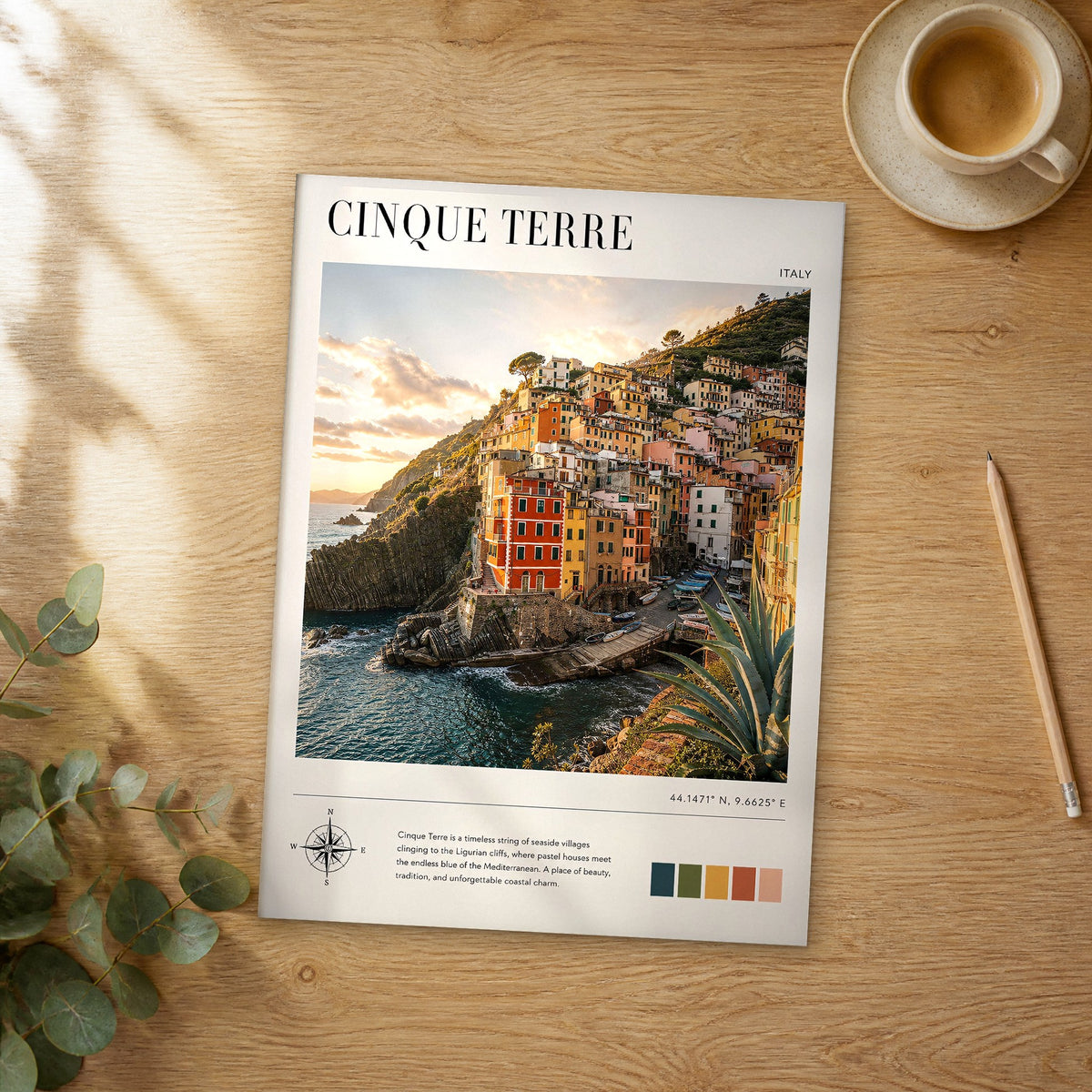 Unframed Cinque Terre modern photography travel poster on a wooden table