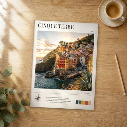 Unframed Cinque Terre modern photography travel poster on a wooden table