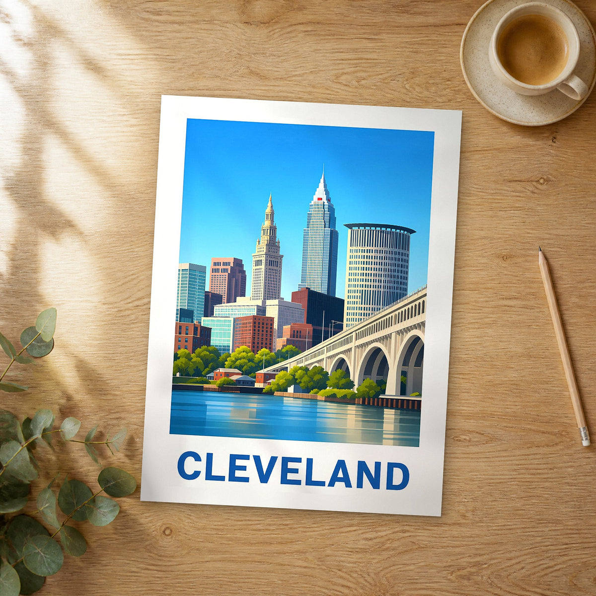 Unframed Cleveland modern digital travel poster on a wooden table