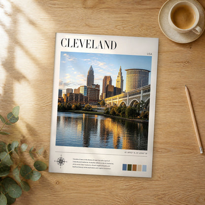 Unframed Cleveland modern photography travel poster on a wooden table