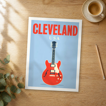 Unframed Cleveland pop art travel poster on a wooden table