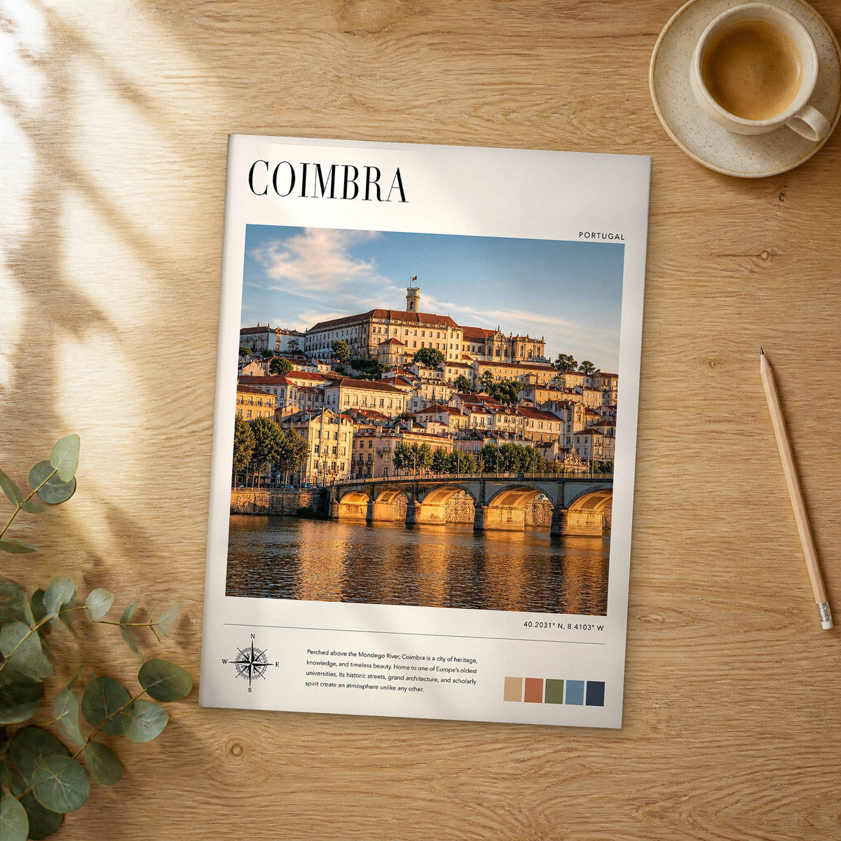 Unframed Coimbra modern photography travel poster on a wooden table