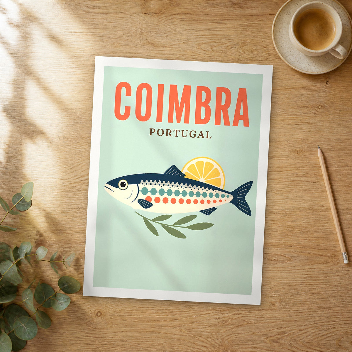 Unframed Coimbra pop art travel poster on a wooden table