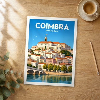 Unframed Coimbra vibrant digital travel poster on a wooden table