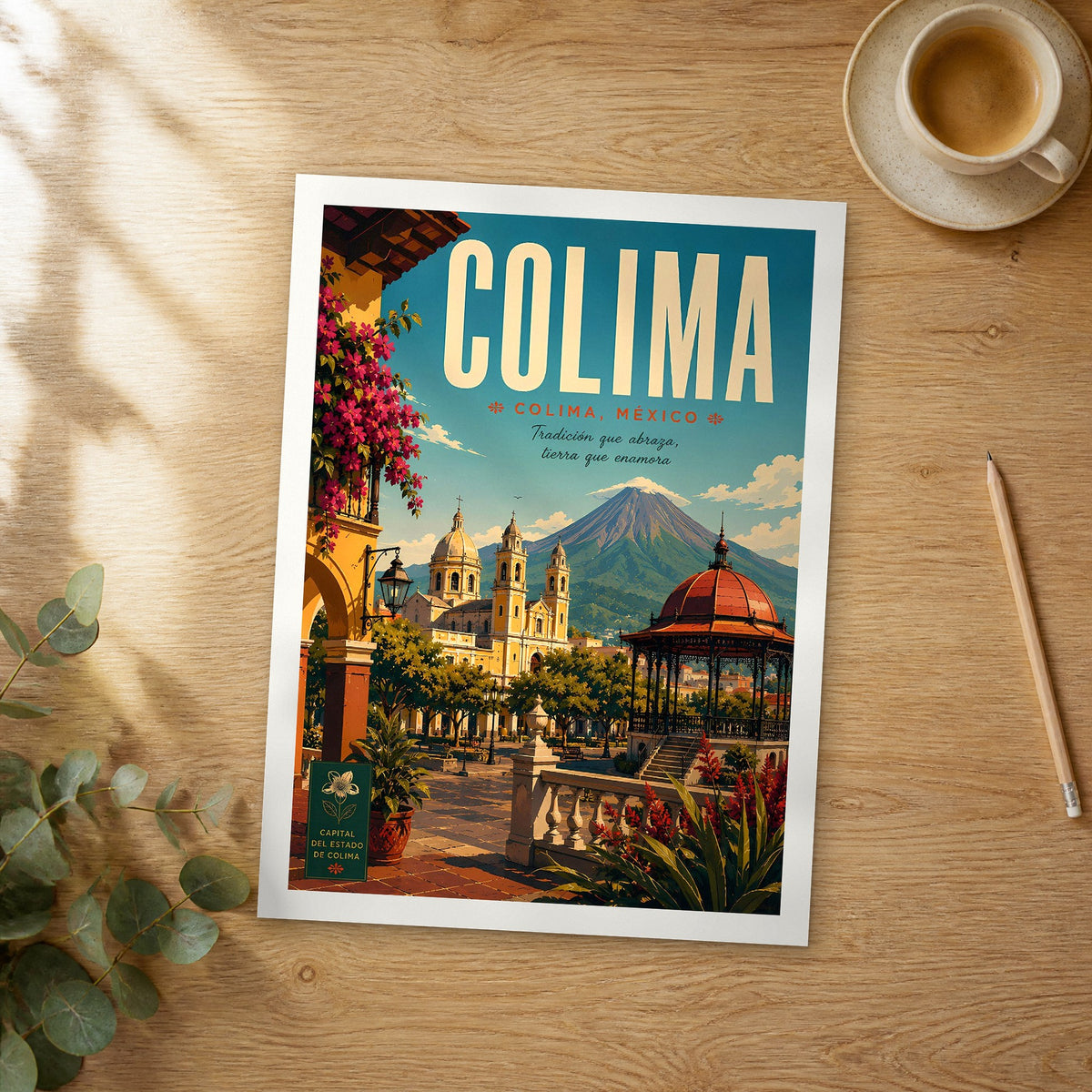 Unframed Colima retro travel poster on a wooden table