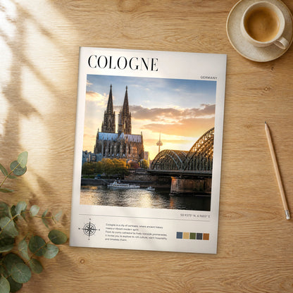 Unframed Cologne modern photography travel poster on a wooden table