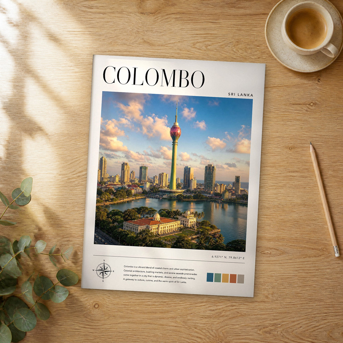 Unframed Colombo modern photography travel poster on a wooden table