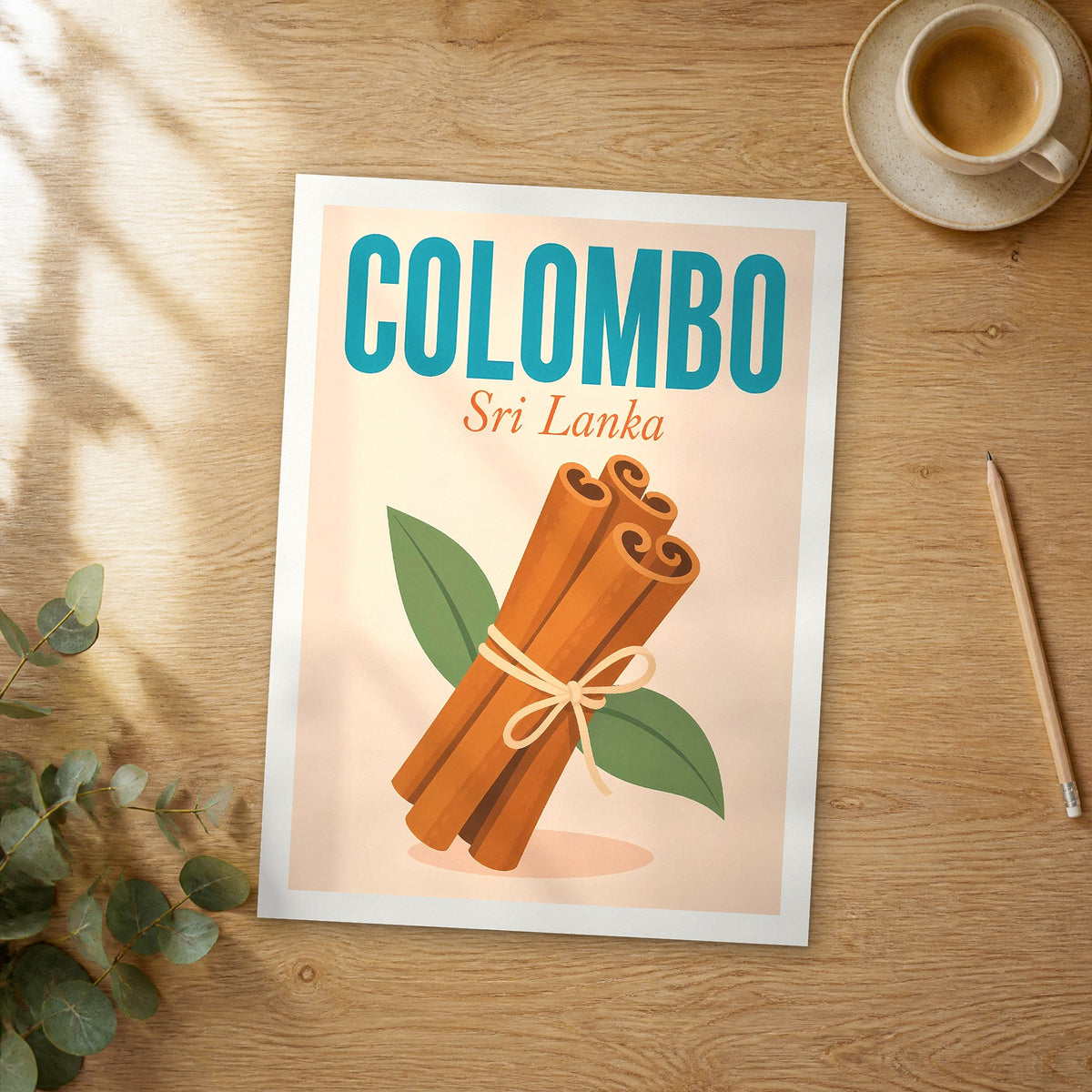 Unframed Colombo pop art travel poster on a wooden table