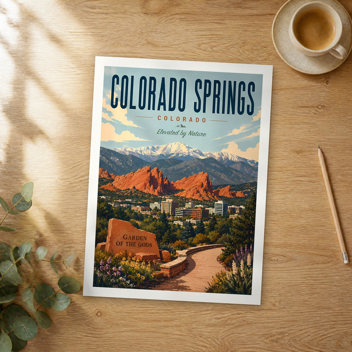 Unframed Colorado Springs retro travel poster on a wooden table