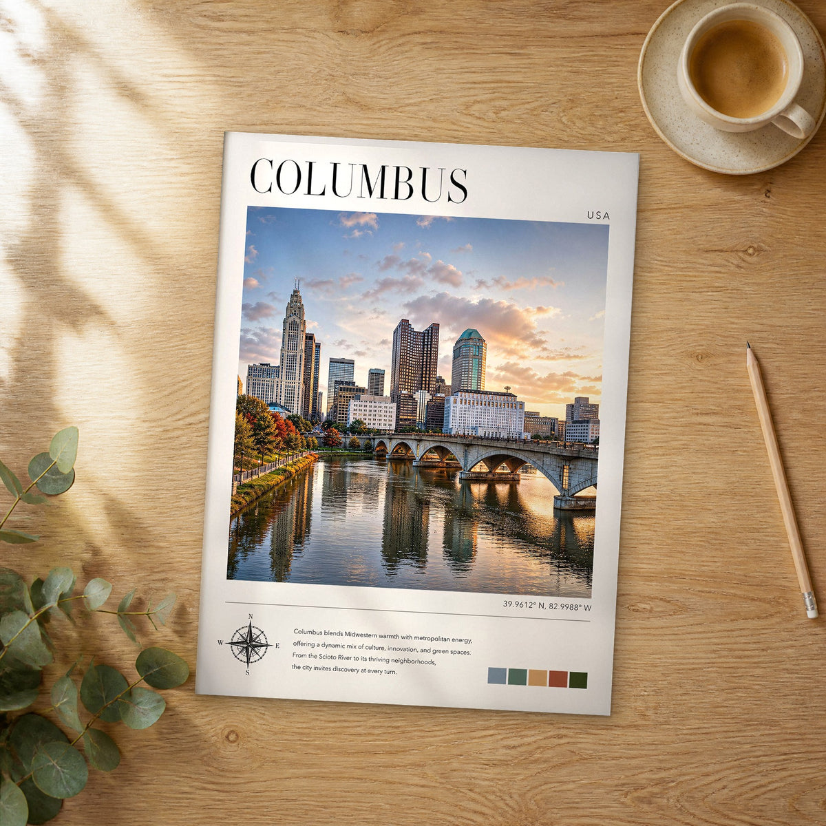 Unframed Columbus modern photography travel poster on a wooden table