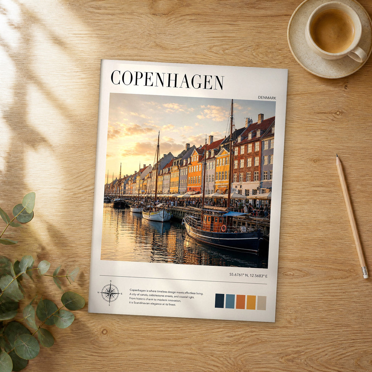 Unframed Copenhagen modern photography travel poster on a wooden table