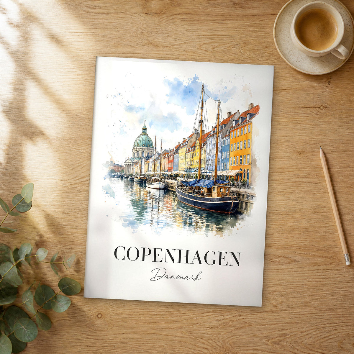 Unframed Copenhagen Nyhavn with Marble Church watercolor travel poster on a wooden table