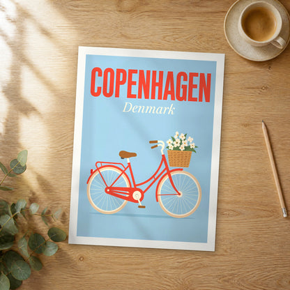 Unframed Copenhagen pop art travel poster on a wooden table