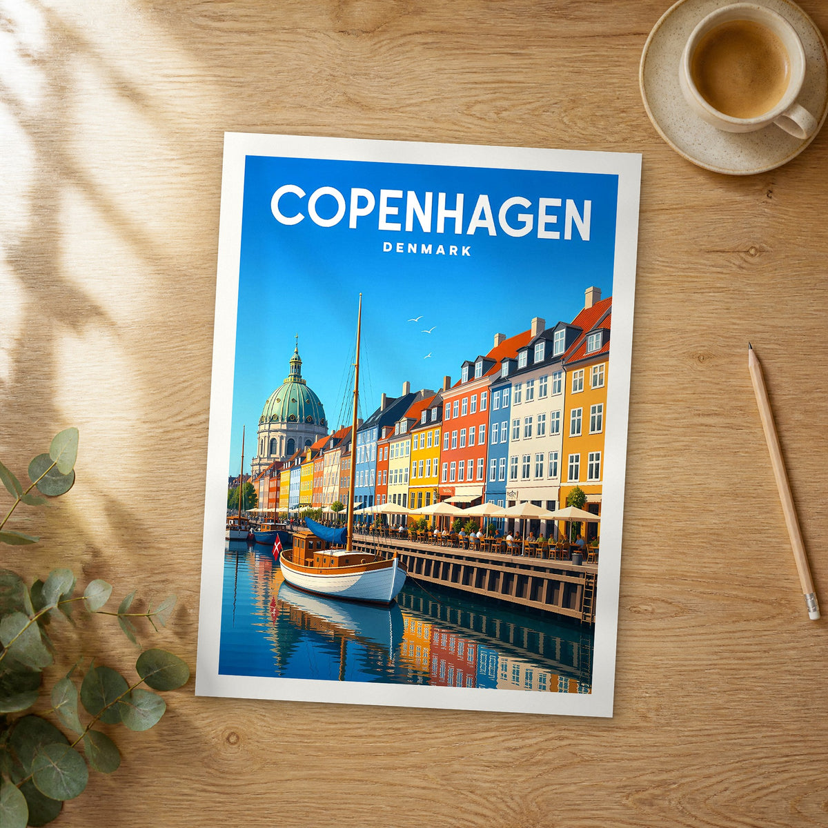 Unframed Copenhagen vibrant digital travel poster on a wooden table