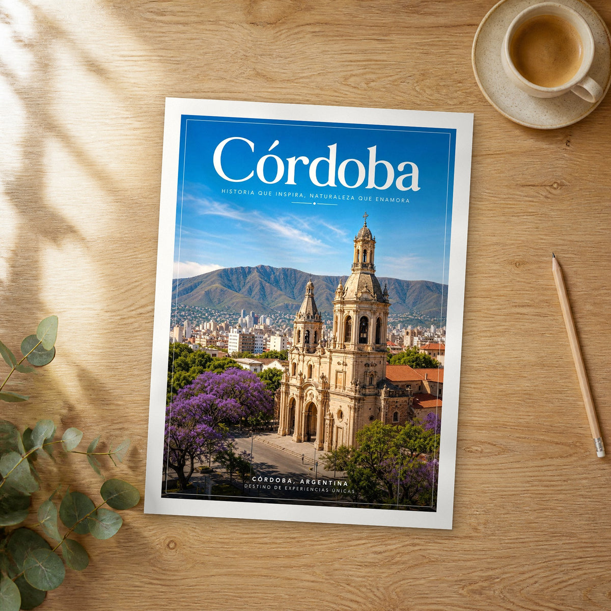 Unframed Córdoba editorial travel poster on a wooden table