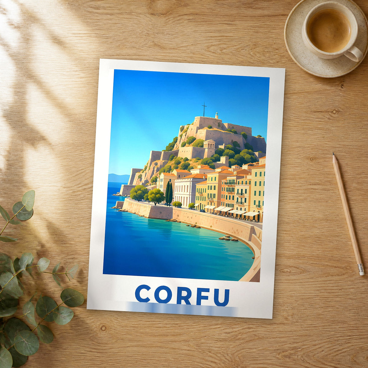 Unframed Corfu modern digital travel poster on a wooden table