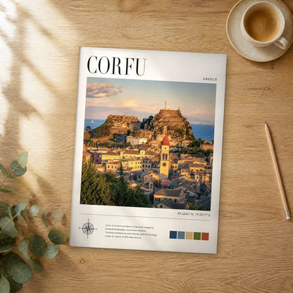 Unframed Corfu modern photography travel poster on a wooden table