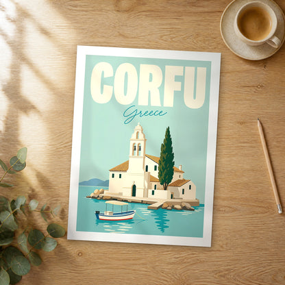 Unframed Corfu pastel pop art travel poster on a wooden table