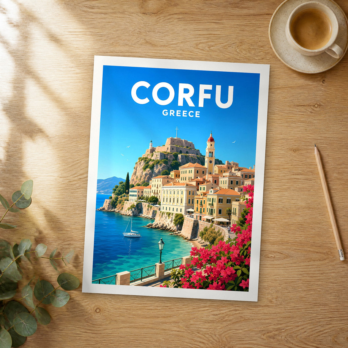 Unframed Corfu vibrant digital travel poster on a wooden table