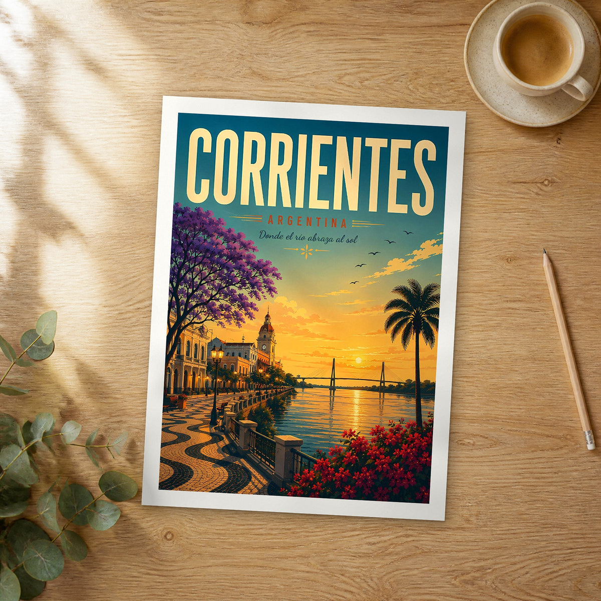 Unframed Corrientes retro travel poster on a wooden table