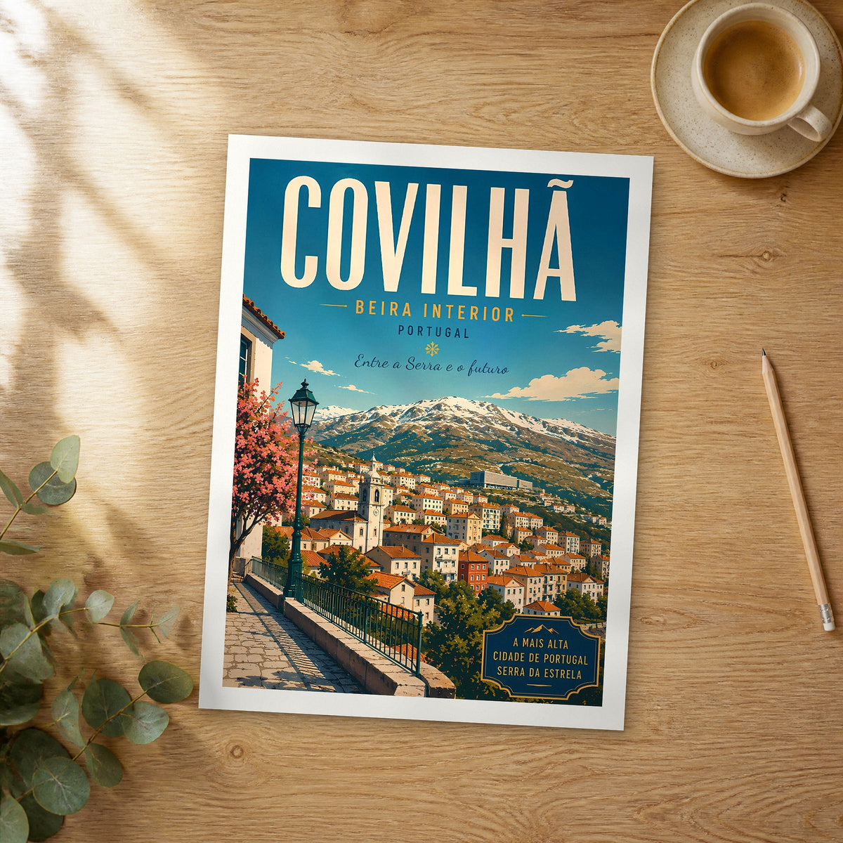 Unframed Covilhã retro travel poster on a wooden table