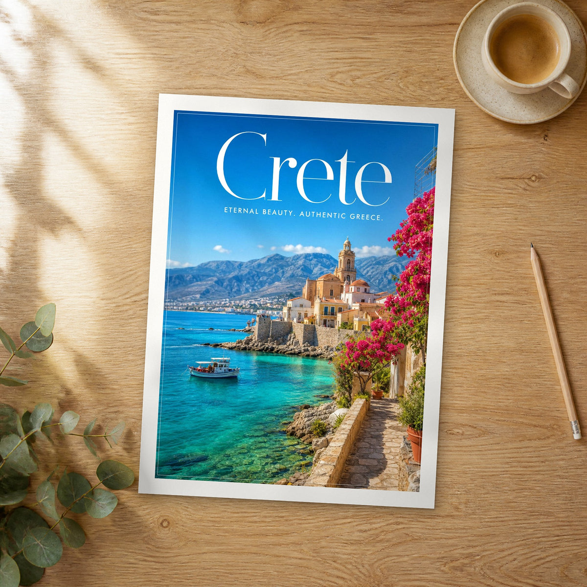 Unframed Crete editorial travel poster on a wooden table