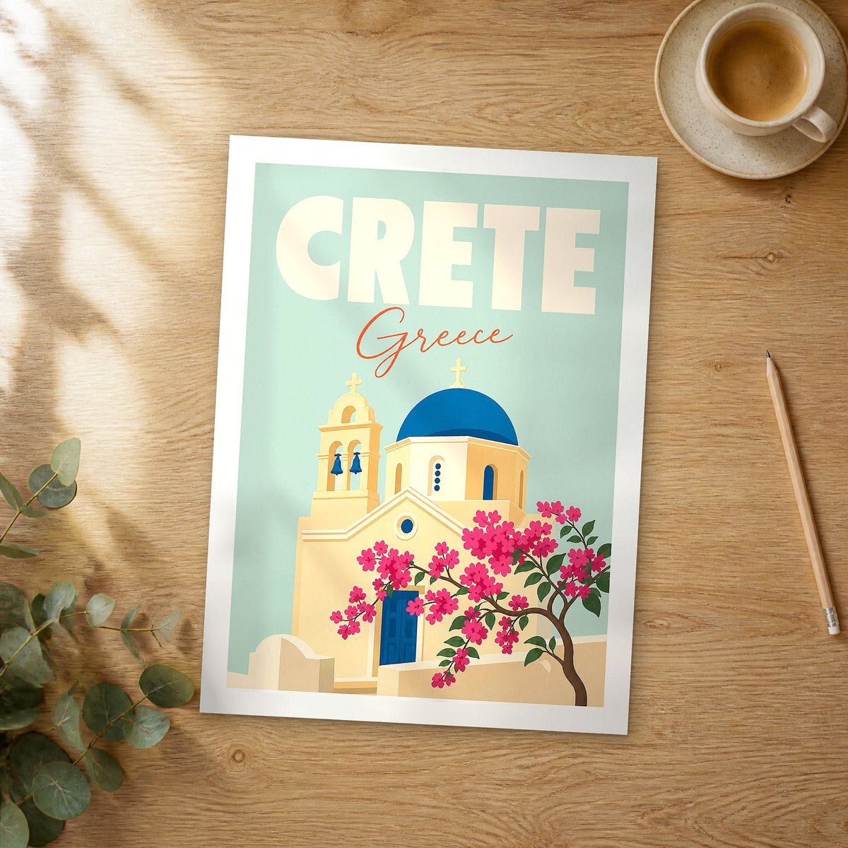 Unframed Crete pastel pop art travel poster on a wooden table