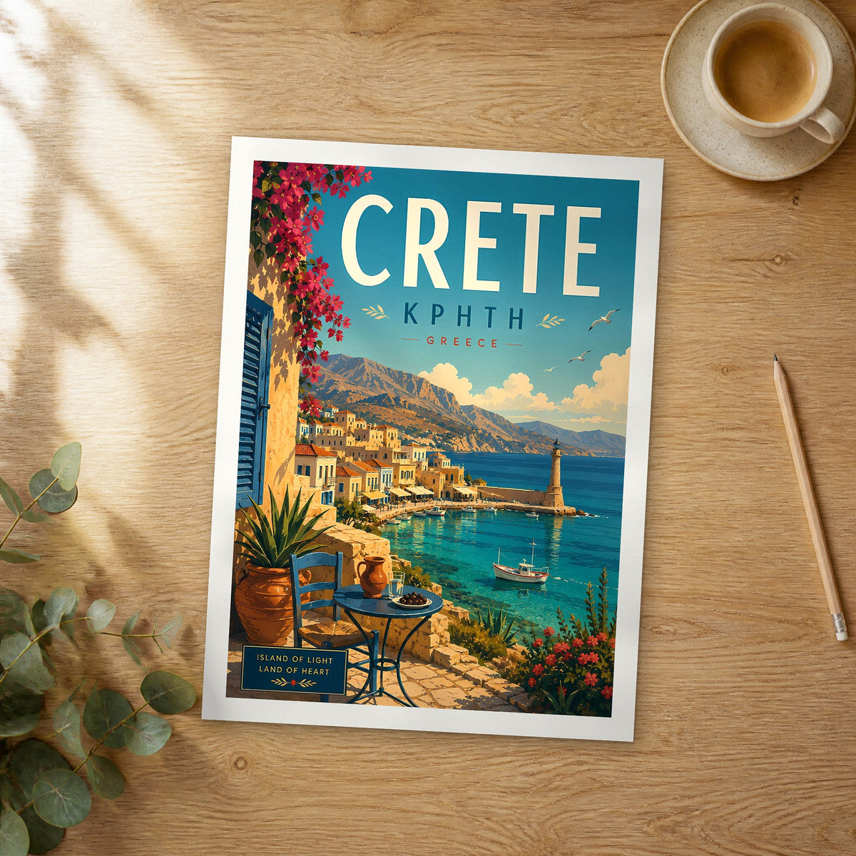Unframed Crete retro travel poster on a wooden table