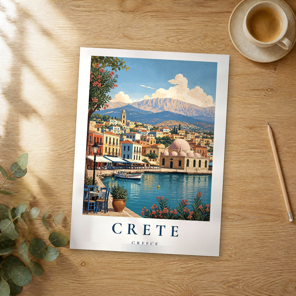 Unframed Crete vintage travel poster on a wooden table