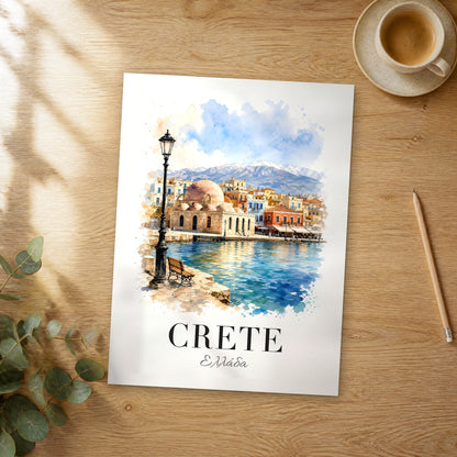 Unframed Crete watercolor travel poster on a wooden table