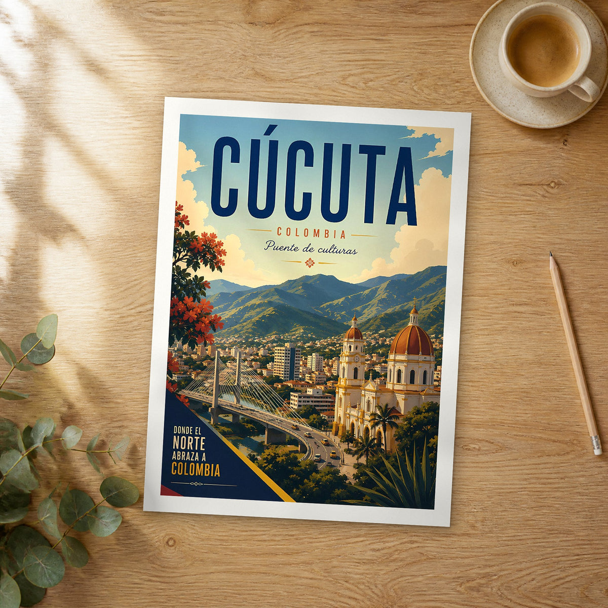 Unframed Cúcuta retro travel poster on a wooden table