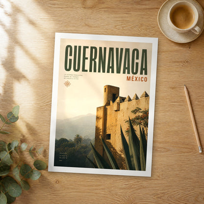 Unframed Cuernavaca bold typography travel poster on a wooden table