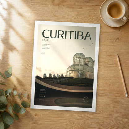 Unframed Curitiba bold typography travel poster on a wooden table