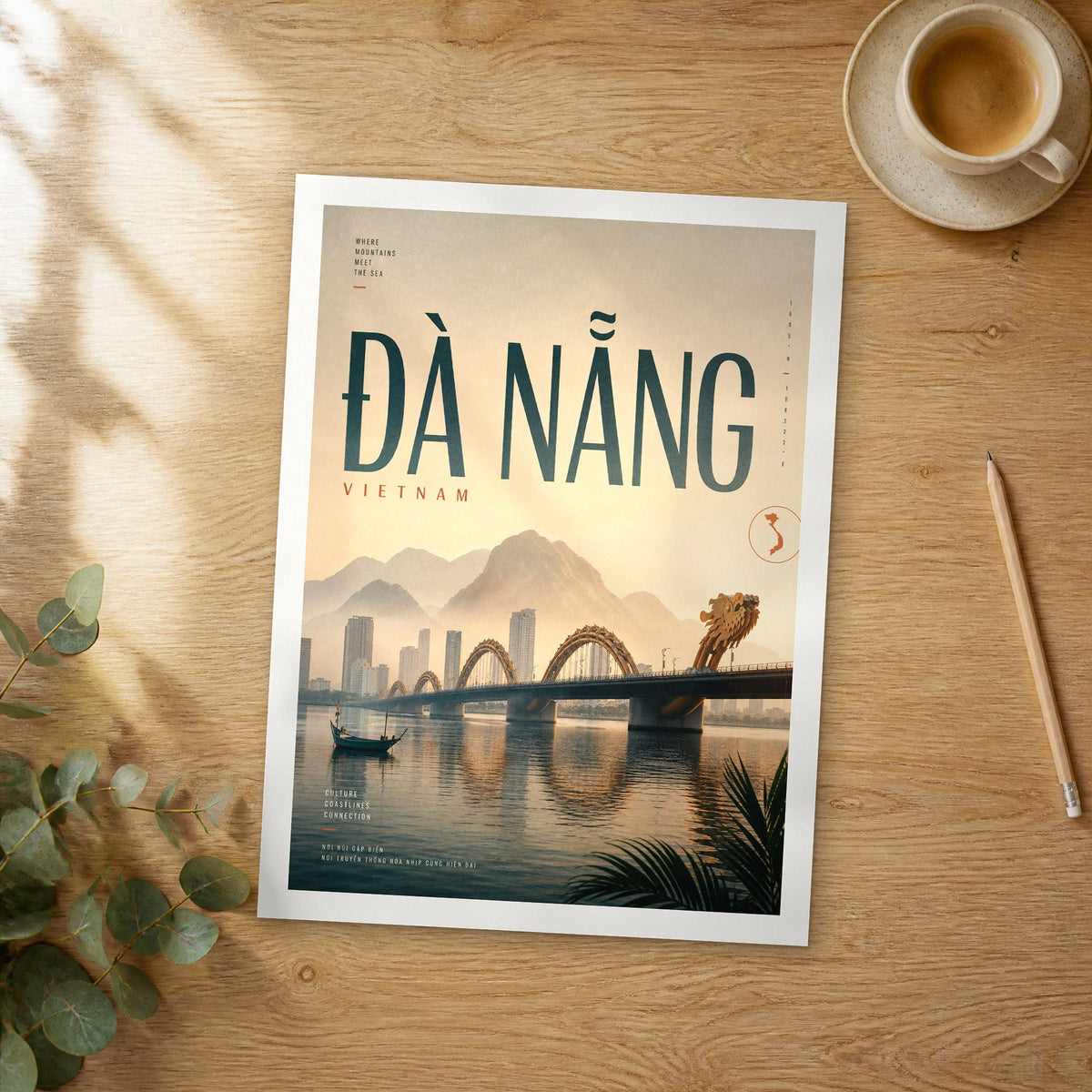 Unframed Da Nang bold typography travel poster on a wooden table