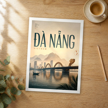 Unframed Da Nang bold typography travel poster on a wooden table