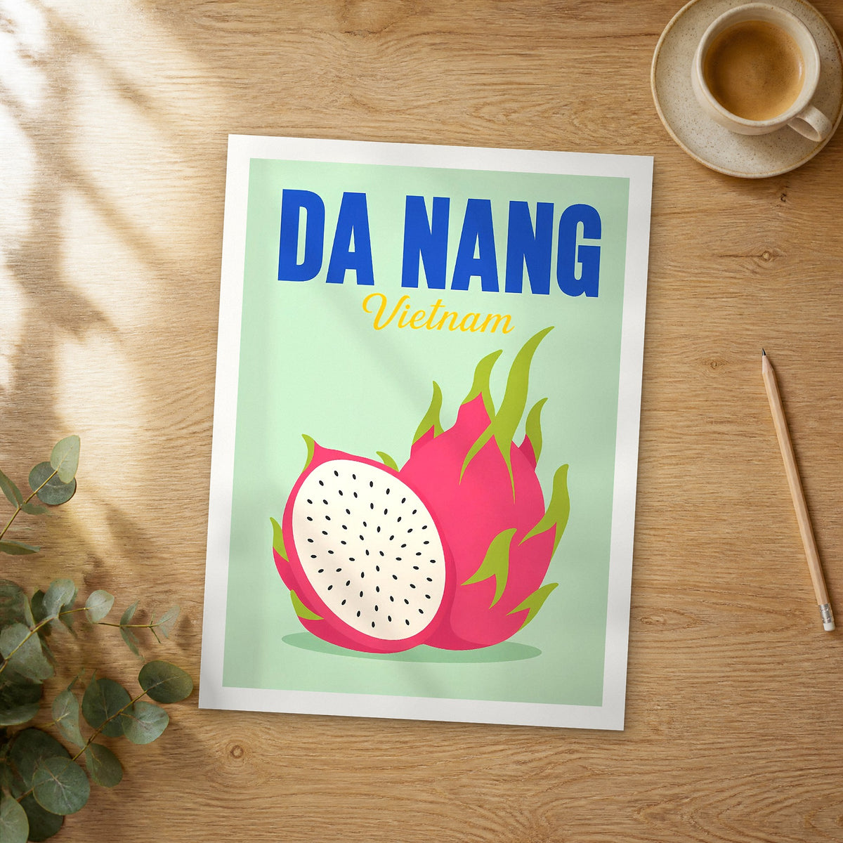 Unframed Da Nang pop art travel poster on a wooden table