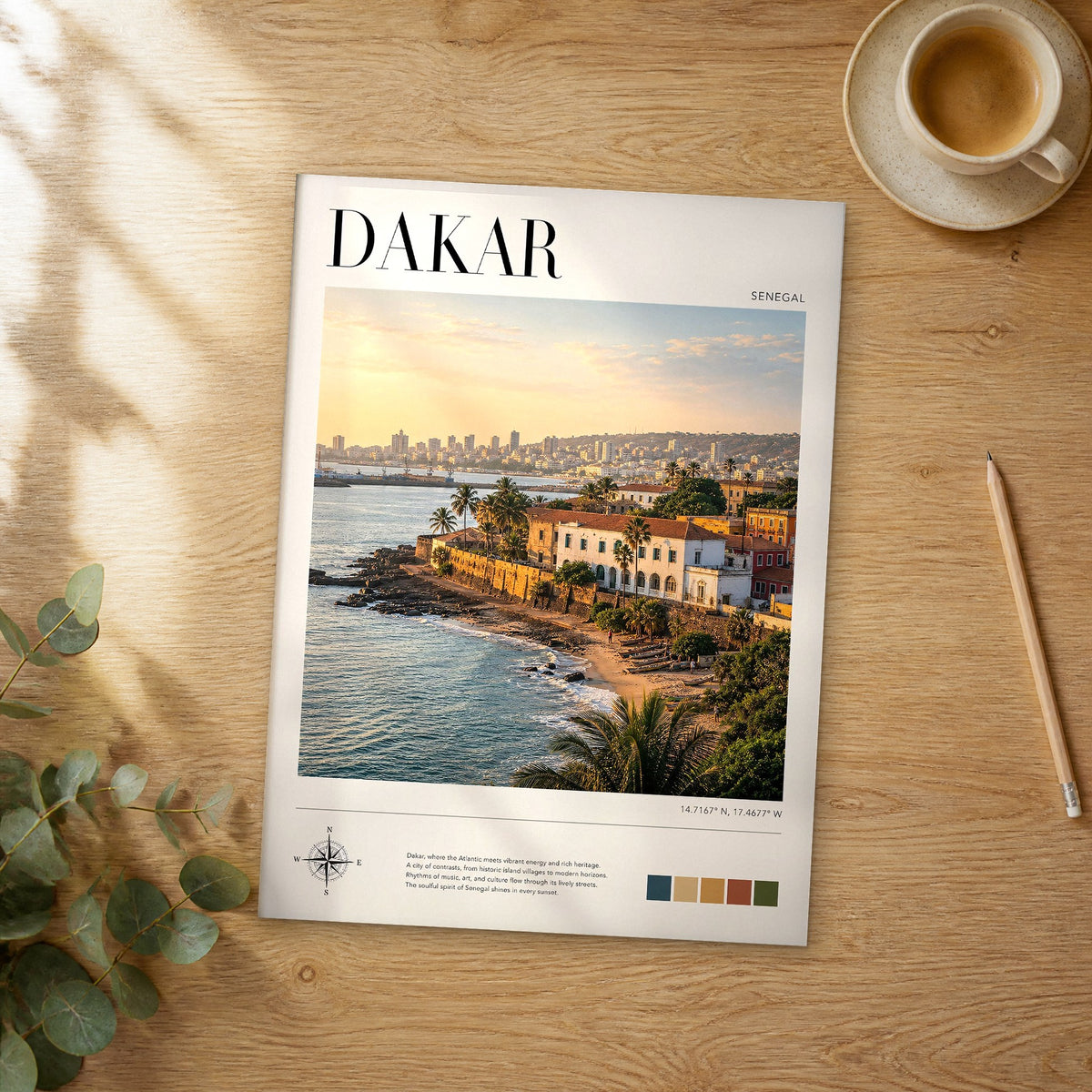 Unframed Dakar modern photography travel poster on a wooden table