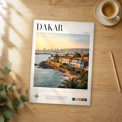Unframed Dakar modern photography travel poster on a wooden table