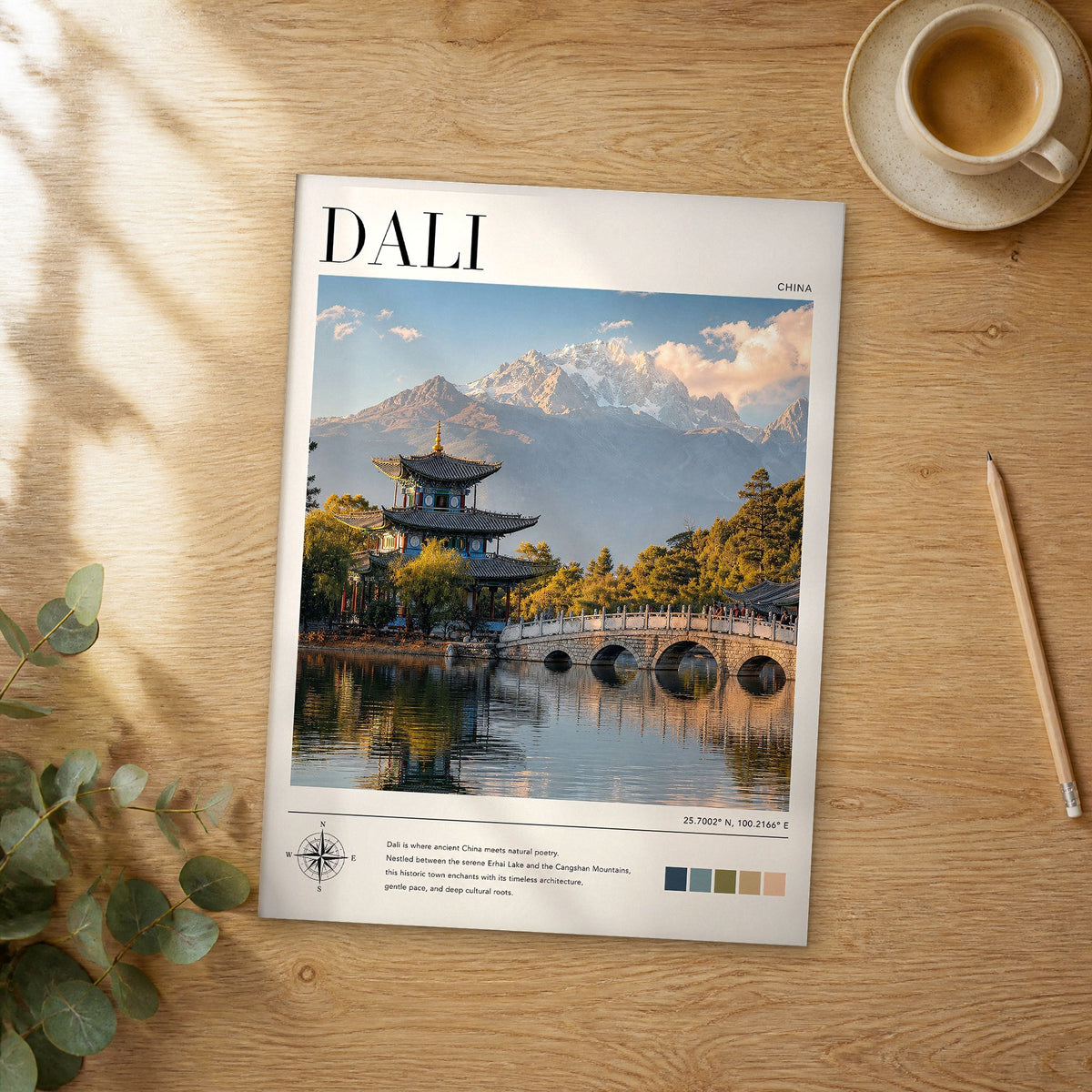 Unframed Dali modern photography travel poster on a wooden table
