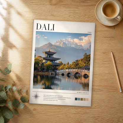 Unframed Dali modern photography travel poster on a wooden table